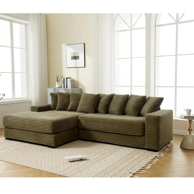 111  Corduroy L-Shaped Sectional Sofa with Left Chaise & 8 Pillows
