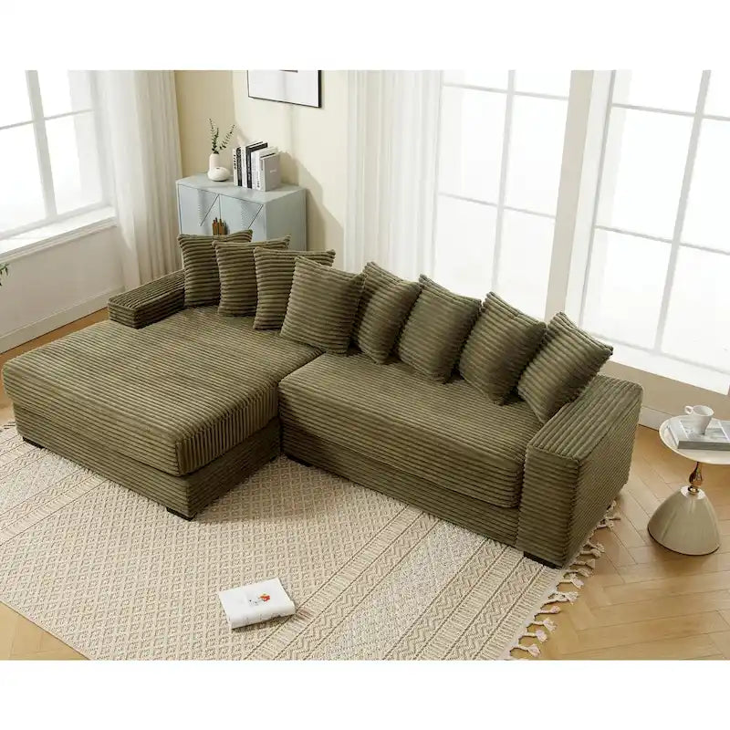 111  Corduroy L-Shaped Sectional Sofa with Left Chaise & 8 Pillows