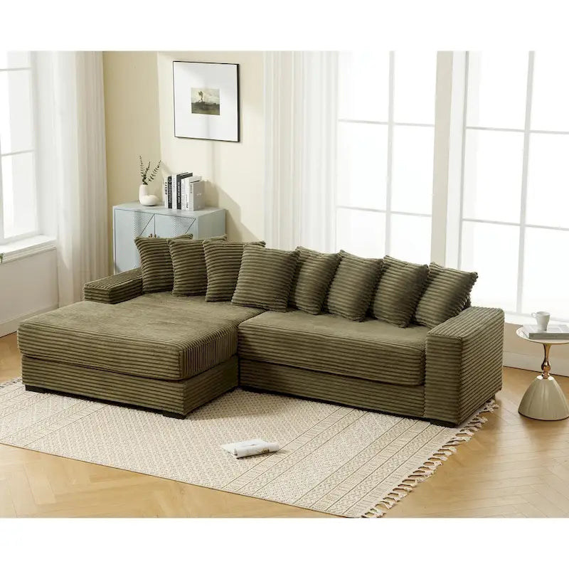 111  Corduroy L-Shaped Sectional Sofa with Left Chaise & 8 Pillows