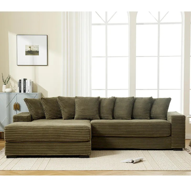 111  Corduroy L-Shaped Sectional Sofa with Left Chaise & 8 Pillows