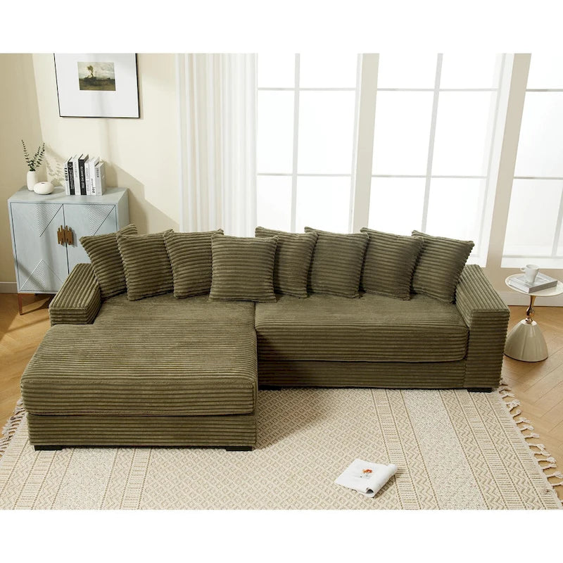 111  Corduroy L-Shaped Sectional Sofa with Left Chaise & 8 Pillows