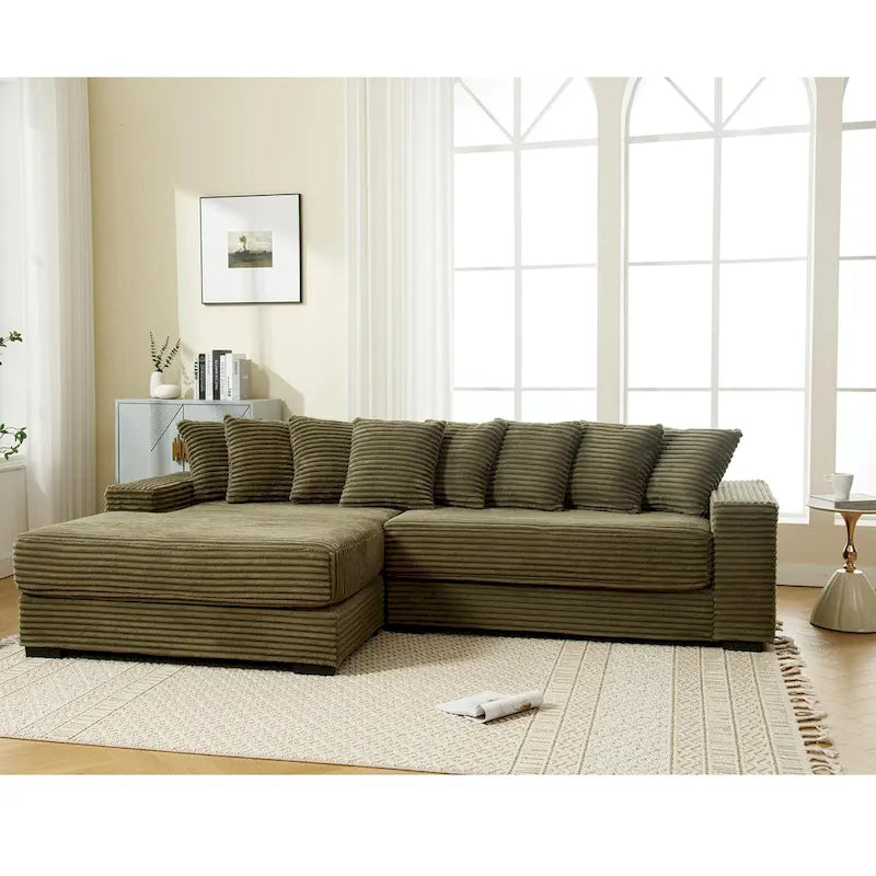 111  Corduroy L-Shaped Sectional Sofa with Left Chaise & 8 Pillows