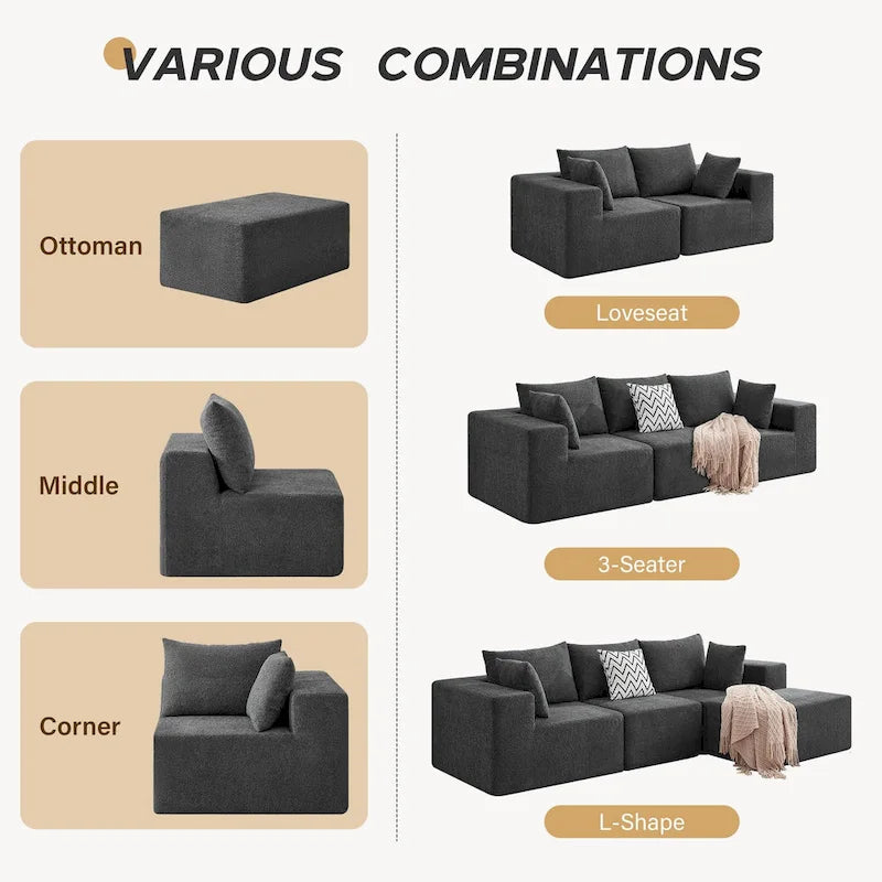 103  Fabric Modular Sectional Sofa with Deep Seats, L-Shaped Cloud Couch and Chaise, No Assembly Required