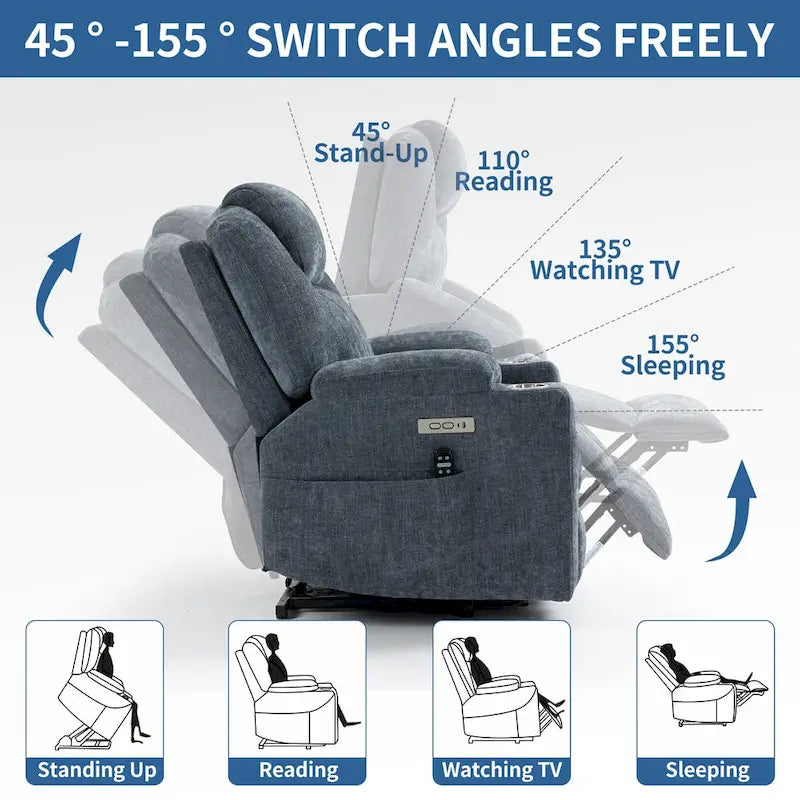 Blue Lift Recliner with 8-Point Massage, Lumbar Heating, Dual USB Ports, and Stainless Steel Cup Holders