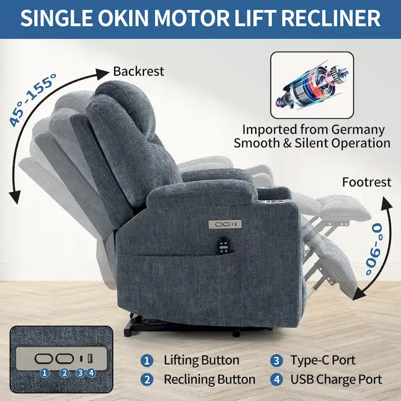 Blue Lift Recliner with 8-Point Massage, Lumbar Heating, Dual USB Ports, and Stainless Steel Cup Holders