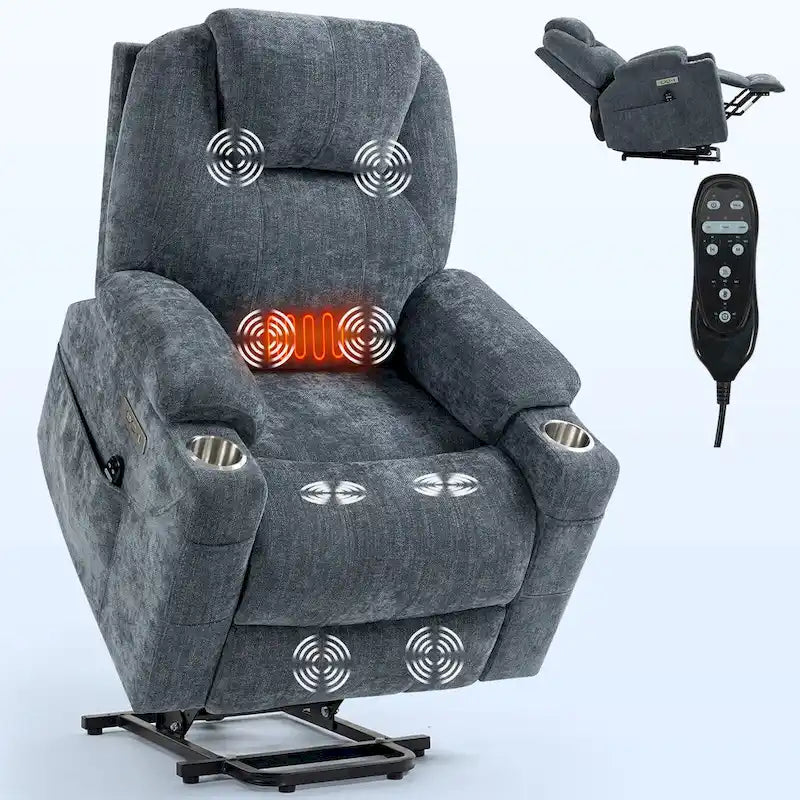 Blue Lift Recliner with 8-Point Massage, Lumbar Heating, Dual USB Ports, and Stainless Steel Cup Holders