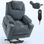 Blue Lift Recliner with 8-Point Massage, Lumbar Heating, Dual USB Ports, and Stainless Steel Cup Holders