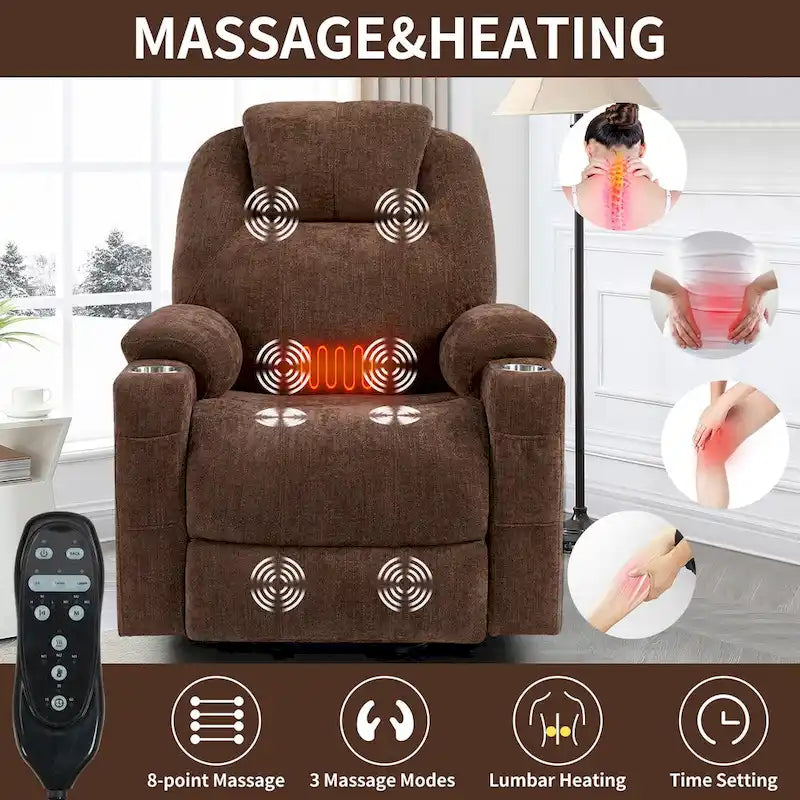 Blue Lift Recliner with 8-Point Massage, Lumbar Heating, Dual USB Ports, and Stainless Steel Cup Holders