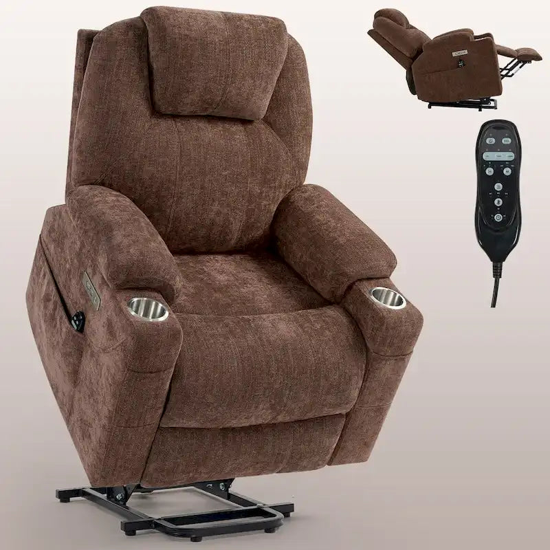 Blue Lift Recliner with 8-Point Massage, Lumbar Heating, Dual USB Ports, and Stainless Steel Cup Holders