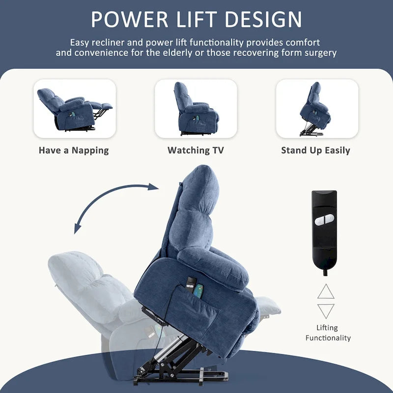 Blue Power Lift Recliner with Heat, Massage & USB Ports