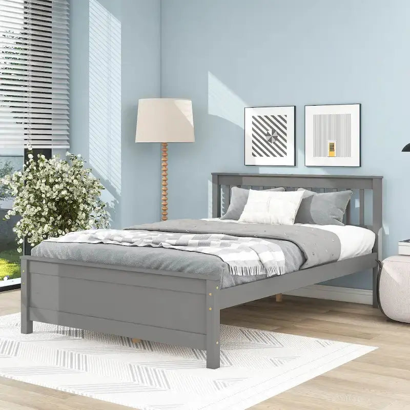 Grey Full Size Platform Pine Wooden Bed with Headboard & Footboard