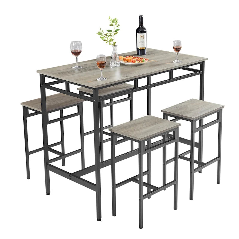 Rustic Style 5-Piece Dining Set with Rectangular Table and 4 High Stools Dining Chairs
