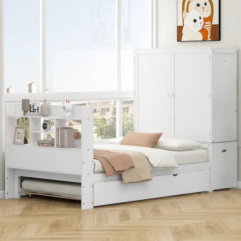 Twin Platform Bed with Storage Headboard, Pull-Out Shelves, and Trundle