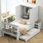 Twin Platform Bed with Storage Headboard, Pull-Out Shelves, and Trundle