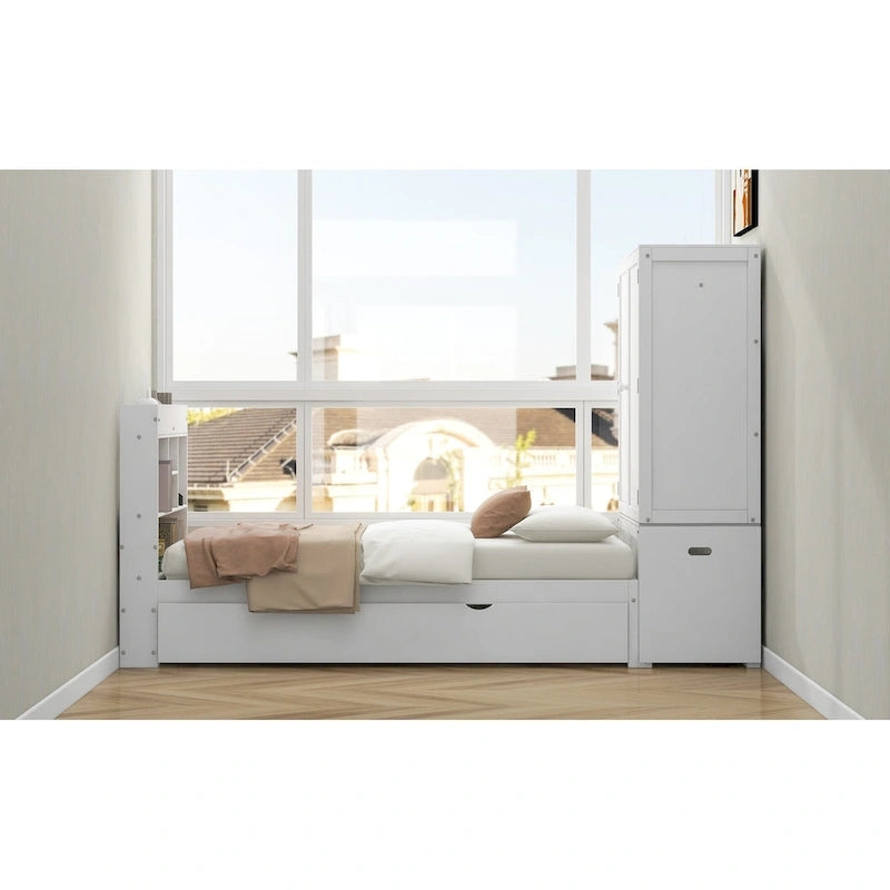 Twin Platform Bed with Storage Headboard, Pull-Out Shelves, and Trundle