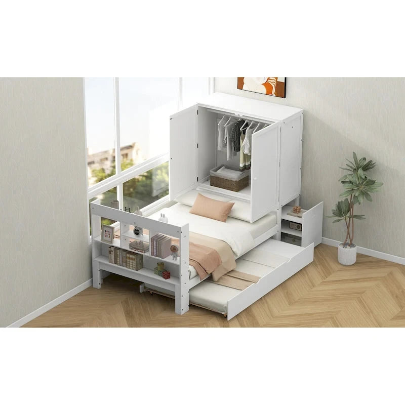 Twin Platform Bed with Storage Headboard, Pull-Out Shelves, and Trundle