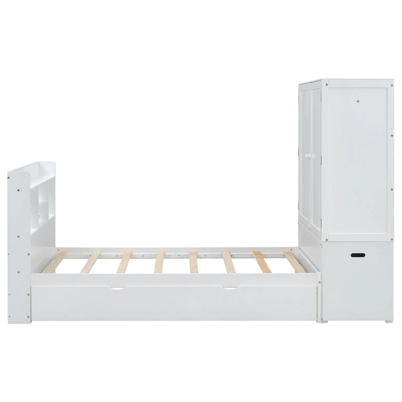 Twin Platform Bed with Storage Headboard, Pull-Out Shelves, and Trundle