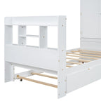 Twin Platform Bed with Storage Headboard, Pull-Out Shelves, and Trundle
