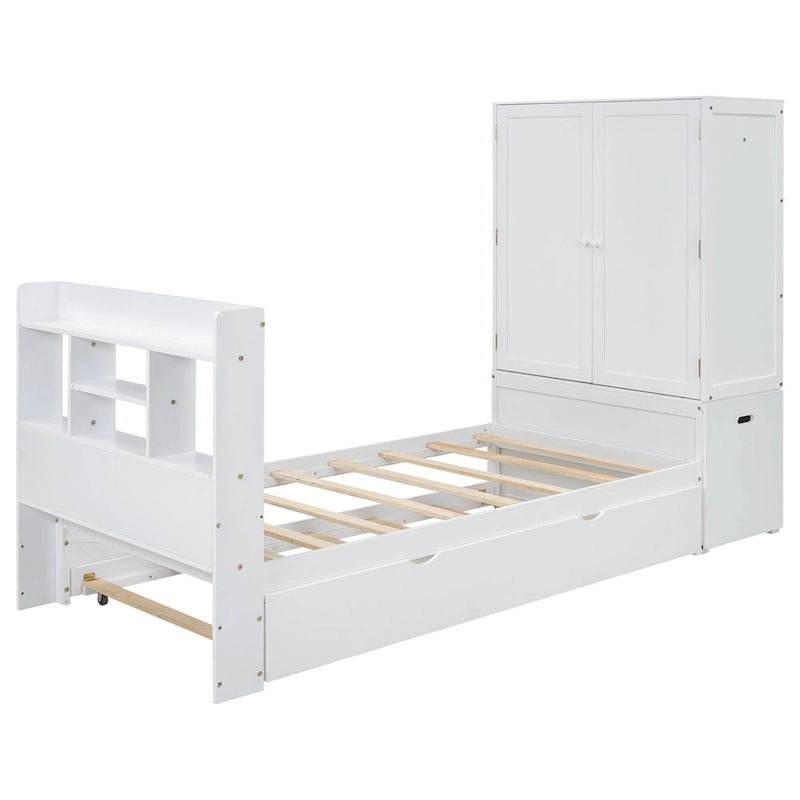 Twin Platform Bed with Storage Headboard, Pull-Out Shelves, and Trundle
