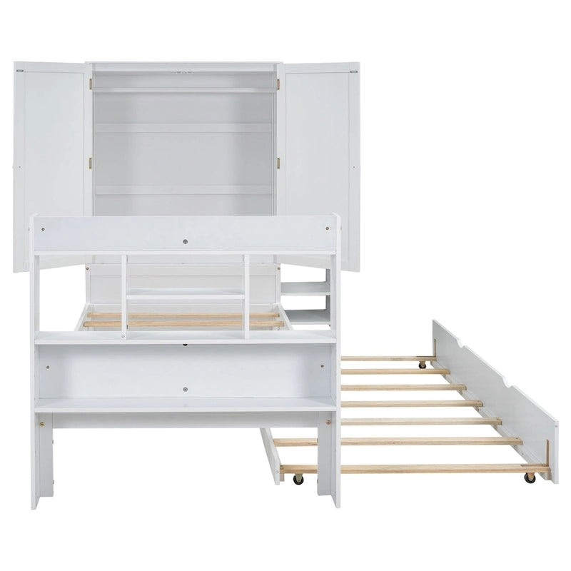 Twin Platform Bed with Storage Headboard, Pull-Out Shelves, and Trundle