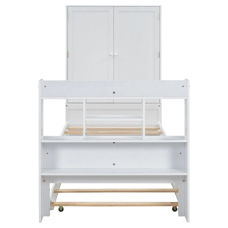 Twin Platform Bed with Storage Headboard, Pull-Out Shelves, and Trundle