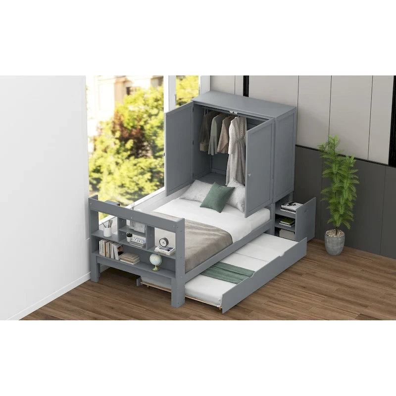 Twin Platform Bed with Storage Headboard, Pull-Out Shelves, and Trundle