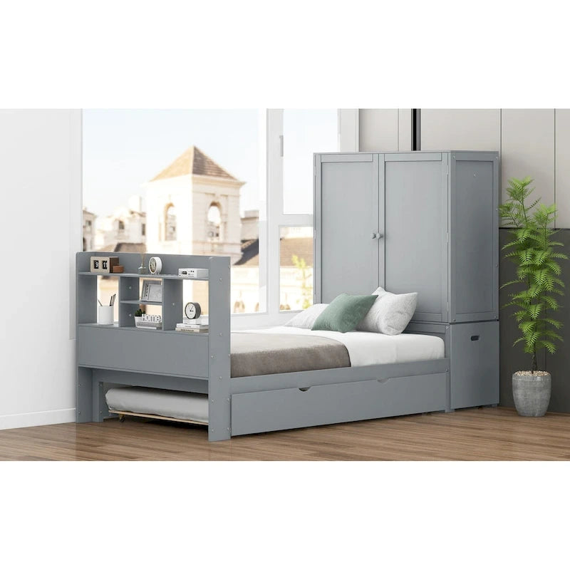 Twin Platform Bed with Storage Headboard, Pull-Out Shelves, and Trundle