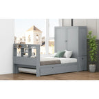 Twin Platform Bed with Storage Headboard, Pull-Out Shelves, and Trundle