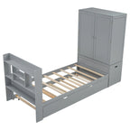 Twin Platform Bed with Storage Headboard, Pull-Out Shelves, and Trundle