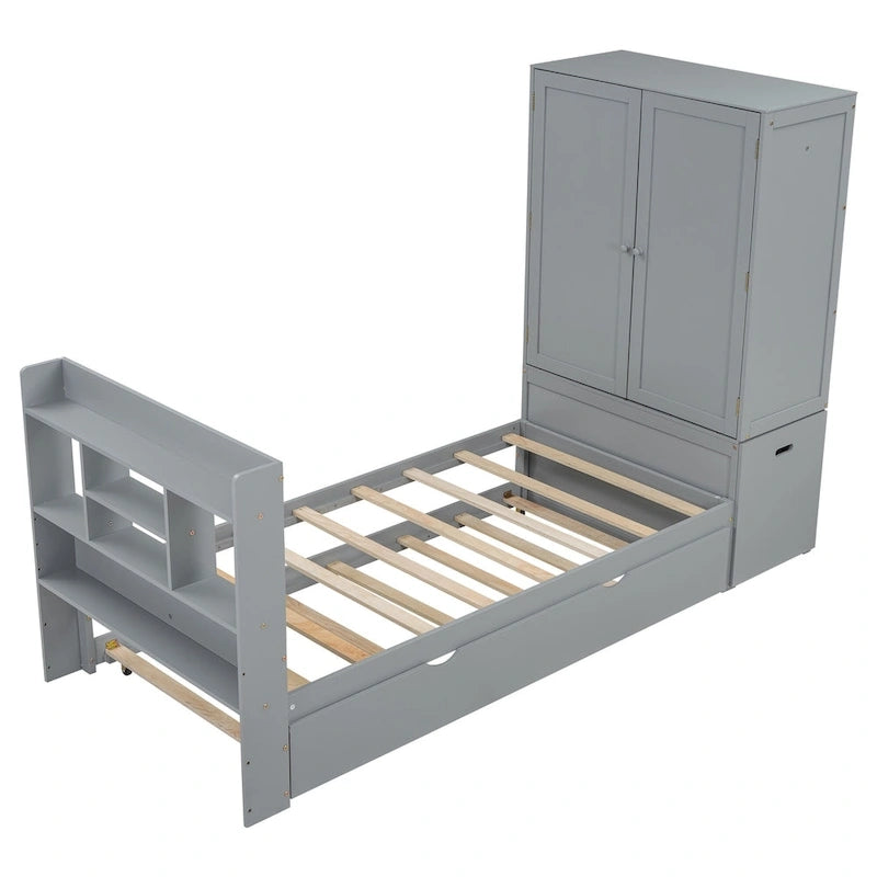 Twin Platform Bed with Storage Headboard, Pull-Out Shelves, and Trundle