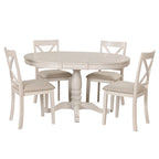 Antique White Vintage 5-Piece Wooden Dining Table Set with Expandable Round Table & 4 Chairs
