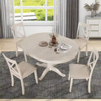 Antique White Vintage 5-Piece Wooden Dining Table Set with Expandable Round Table & 4 Chairs