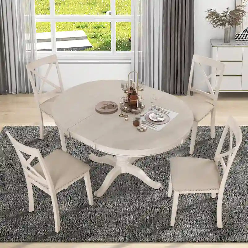 Antique White Vintage 5-Piece Wooden Dining Table Set with Expandable Round Table & 4 Chairs