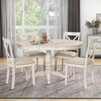 Antique White Vintage 5-Piece Wooden Dining Table Set with Expandable Round Table & 4 Chairs