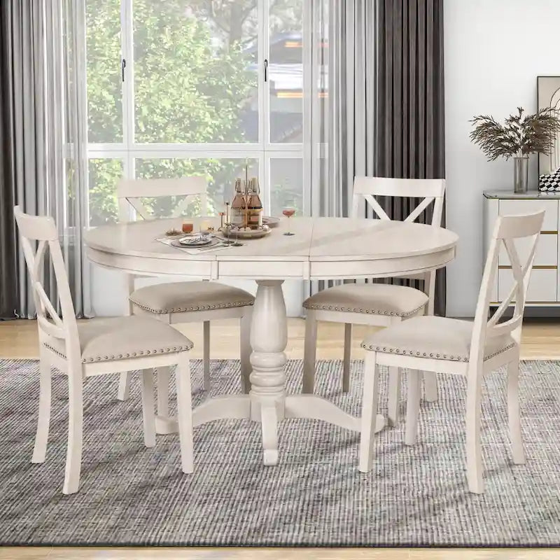 Antique White Vintage 5-Piece Wooden Dining Table Set with Expandable Round Table & 4 Chairs