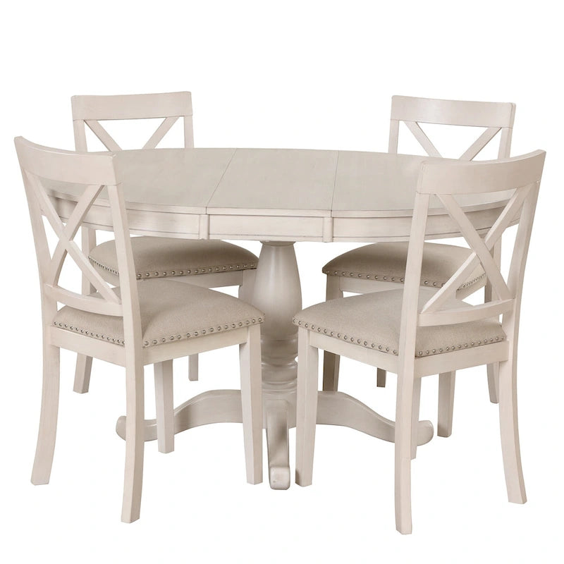 Antique White Vintage 5-Piece Wooden Dining Table Set with Expandable Round Table & 4 Chairs