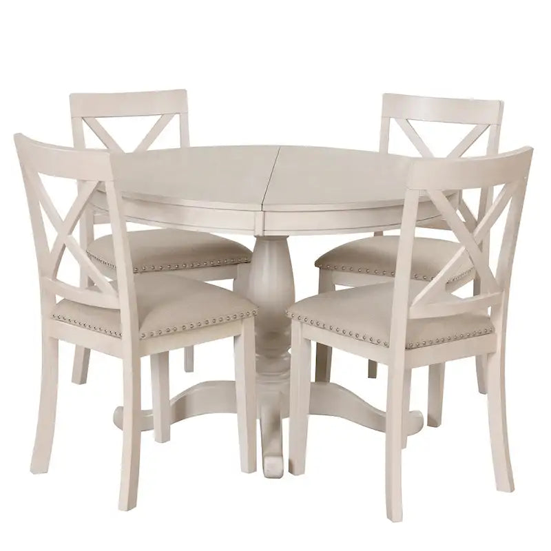 Antique White Vintage 5-Piece Wooden Dining Table Set with Expandable Round Table & 4 Chairs