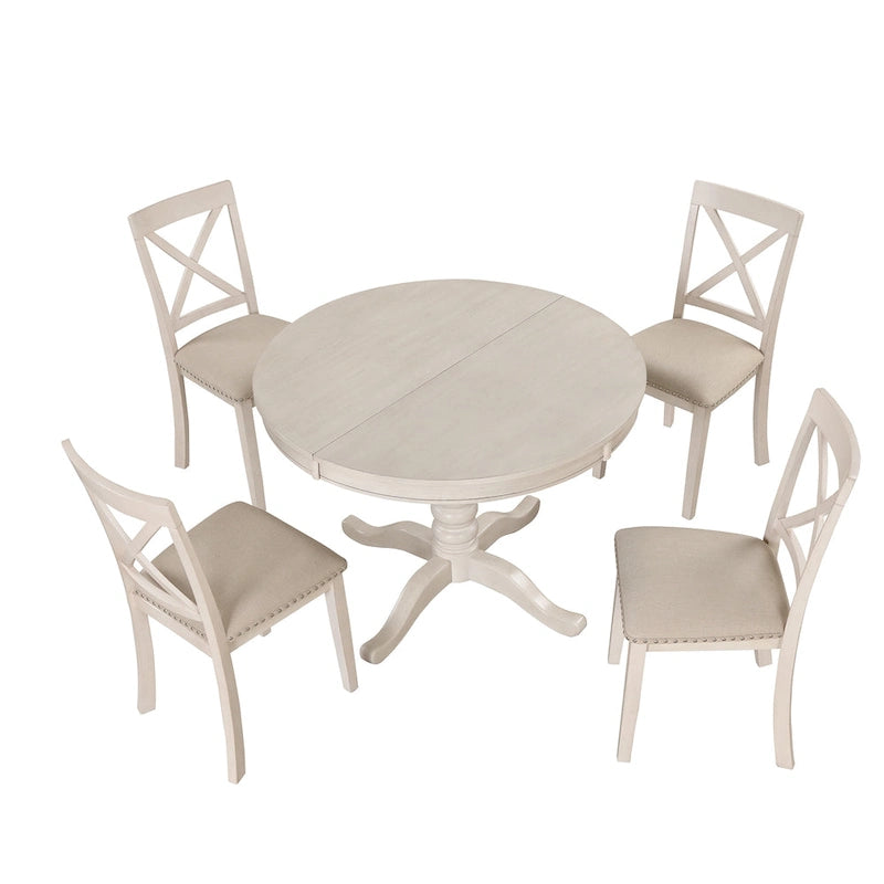 Antique White Vintage 5-Piece Wooden Dining Table Set with Expandable Round Table & 4 Chairs
