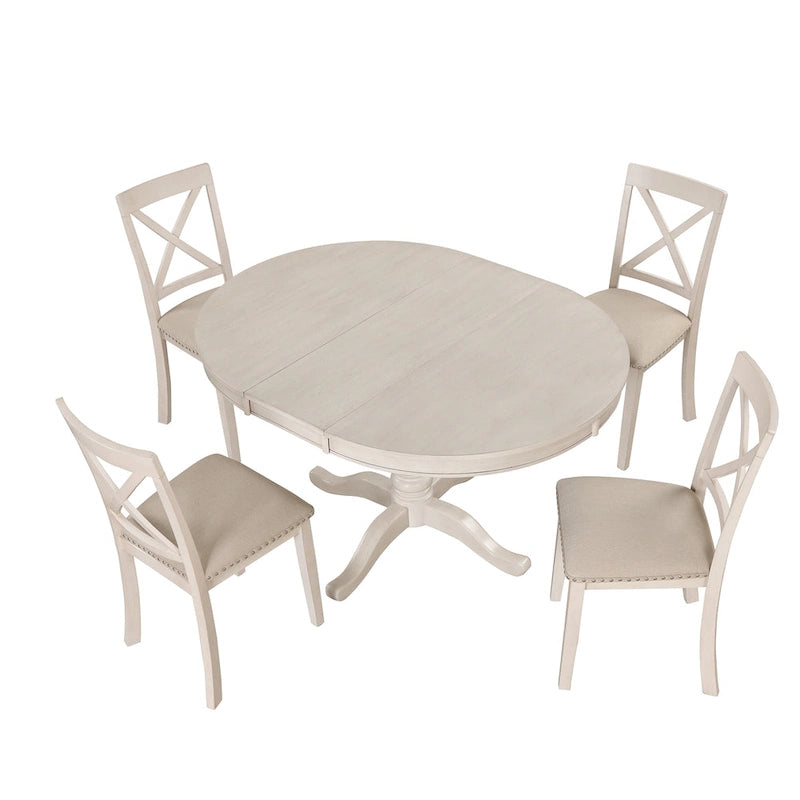 Antique White Vintage 5-Piece Wooden Dining Table Set with Expandable Round Table & 4 Chairs