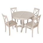 Antique White Vintage 5-Piece Wooden Dining Table Set with Expandable Round Table & 4 Chairs