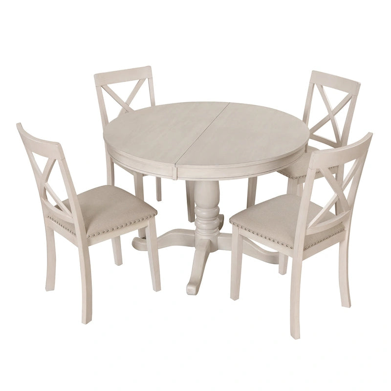 Antique White Vintage 5-Piece Wooden Dining Table Set with Expandable Round Table & 4 Chairs