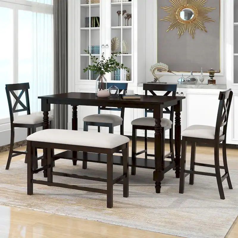 Espresso 6-Piece Counter Height Wooden Dining Table Set with 4 Chairs & Bench