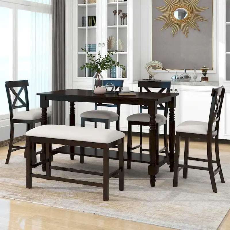 Espresso 6-Piece Counter Height Wooden Dining Table Set with 4 Chairs & Bench