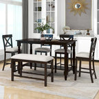 Espresso 6-Piece Counter Height Wooden Dining Table Set with 4 Chairs & Bench