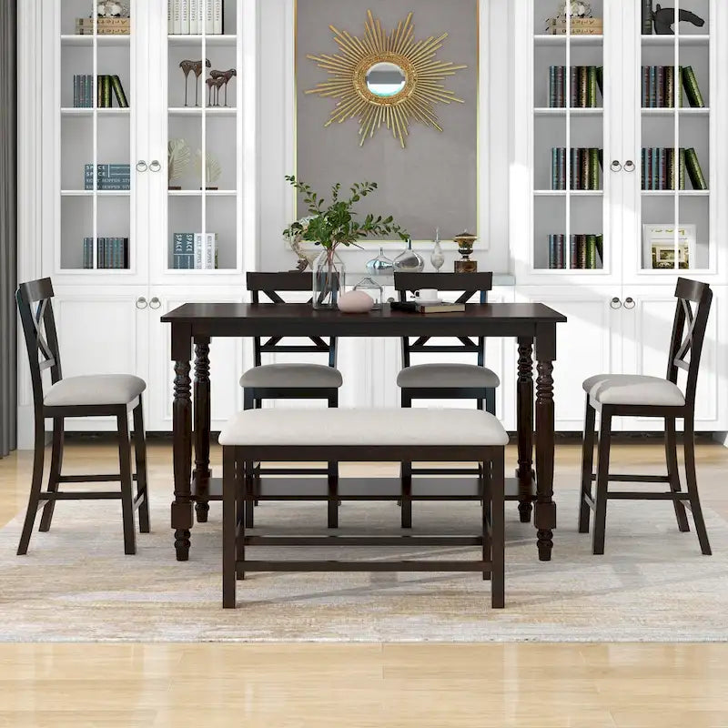 Espresso 6-Piece Counter Height Wooden Dining Table Set with 4 Chairs & Bench