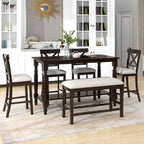 Espresso 6-Piece Counter Height Wooden Dining Table Set with 4 Chairs & Bench