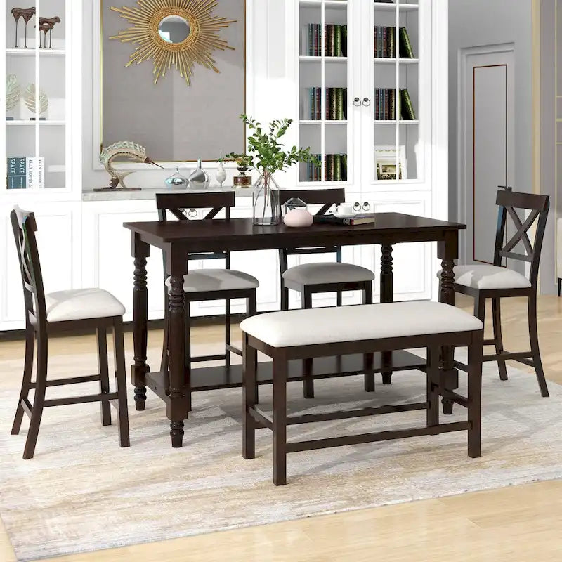 Espresso 6-Piece Counter Height Wooden Dining Table Set with 4 Chairs & Bench