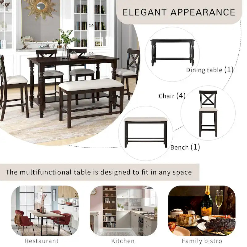 Espresso 6-Piece Counter Height Wooden Dining Table Set with 4 Chairs & Bench