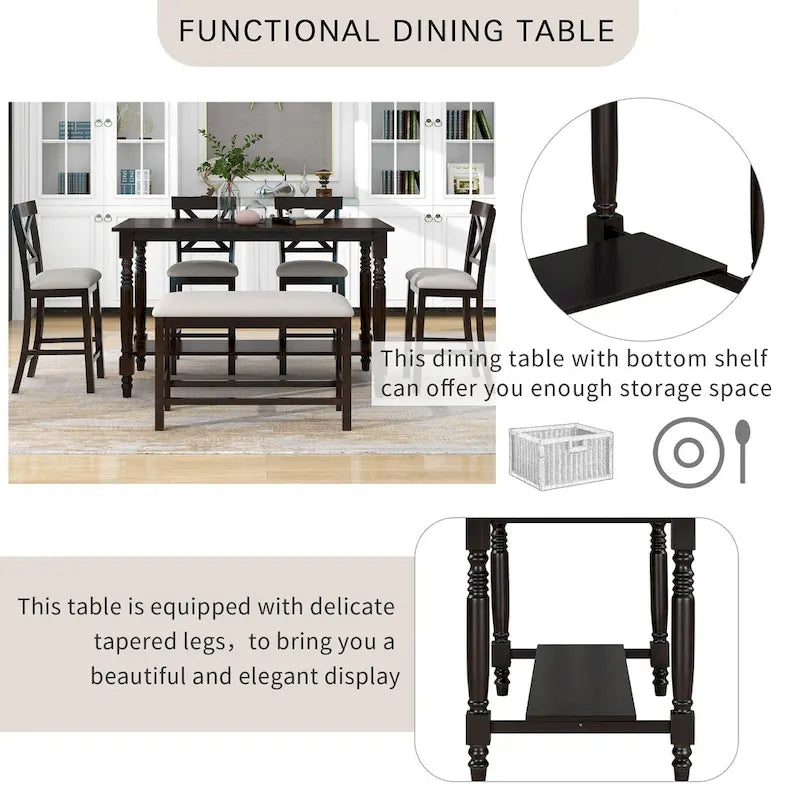 Espresso 6-Piece Counter Height Wooden Dining Table Set with 4 Chairs & Bench