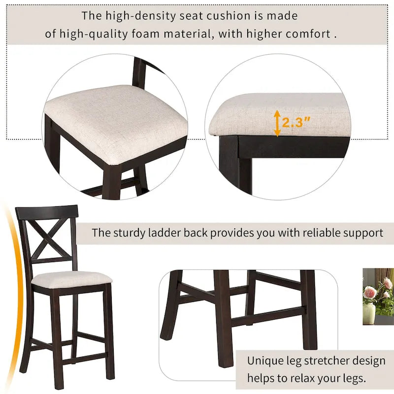 Espresso 6-Piece Counter Height Wooden Dining Table Set with 4 Chairs & Bench